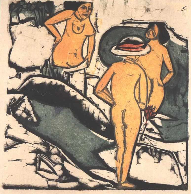 Beyaz taşlar arasında banyo yapan kadınlar by Ernst Ludwig Kirchner