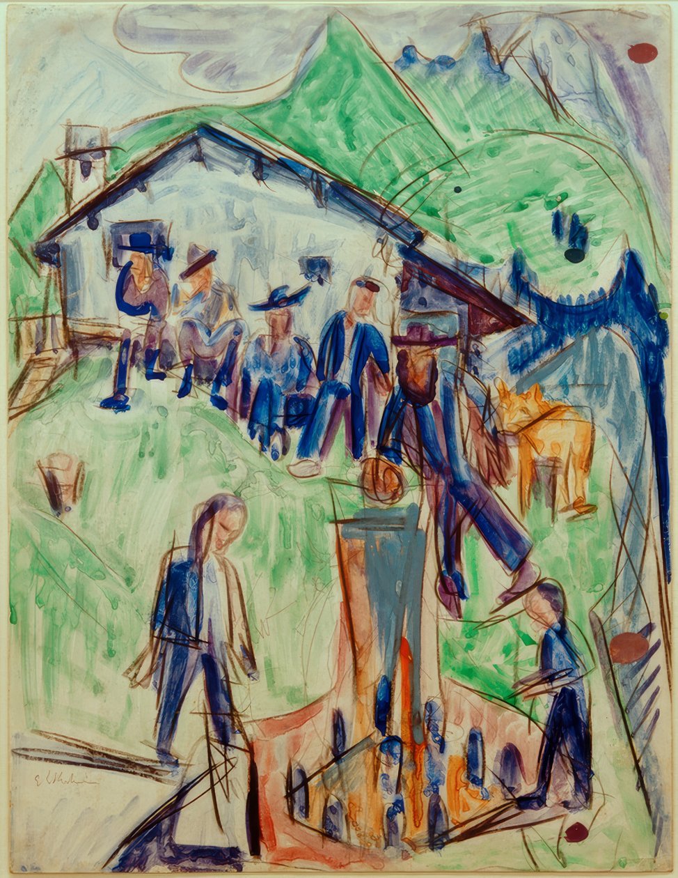 E.L. Kirchner, çiftçiler Stafelalp kulübesinin önündeki çeşmede by Ernst Ludwig Kirchner