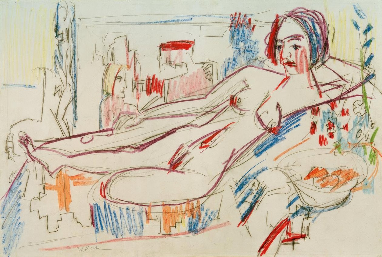 Bir osmanlı üzerinde uzanmış kadın çıplak by Ernst Ludwig Kirchner