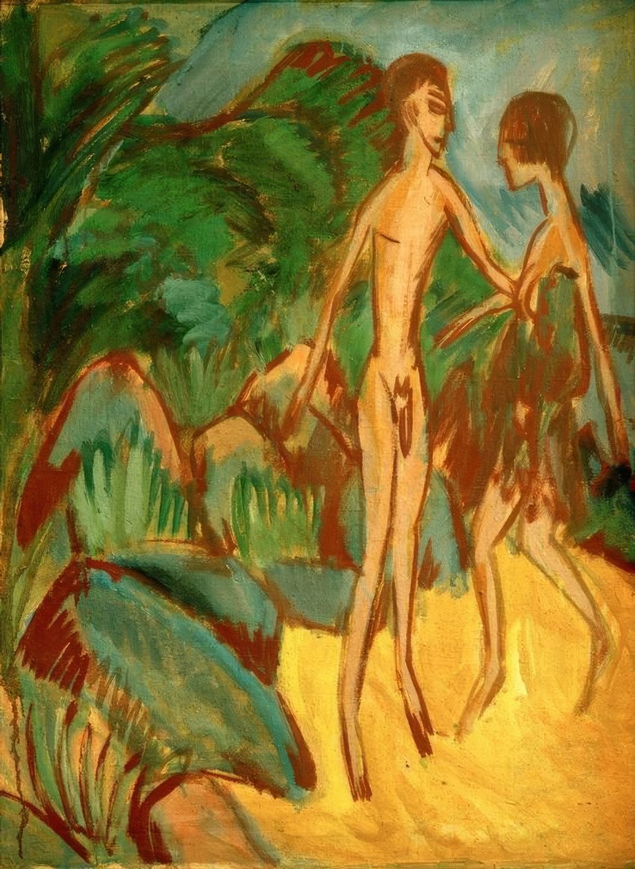 Genç çıplak adam ve kız sahilde by Ernst Ludwig Kirchner