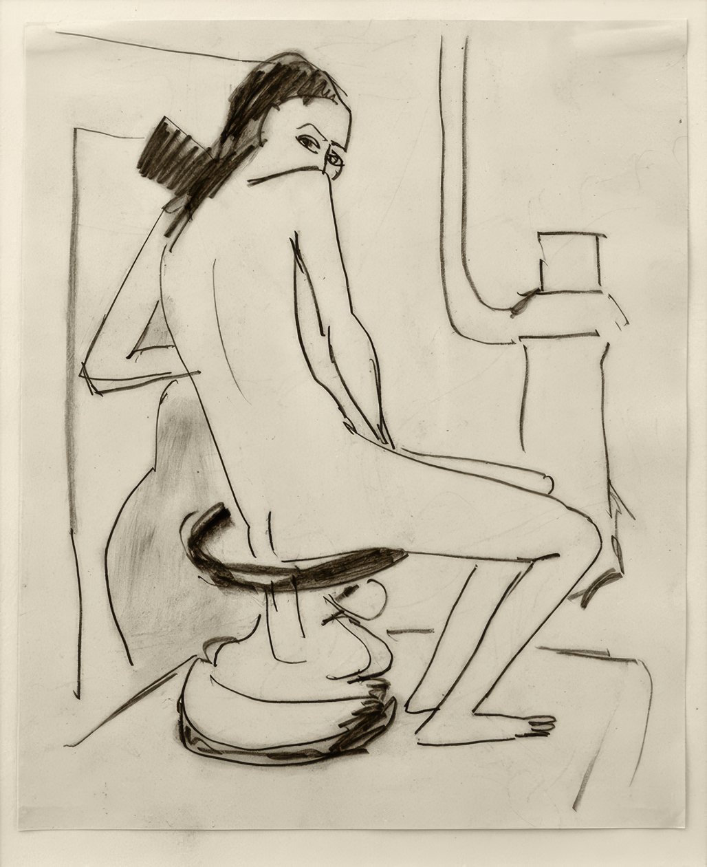 İsimsiz (Marcella, oymalı bir Afrika taburesinde sobalı ... by Ernst Ludwig Kirchner