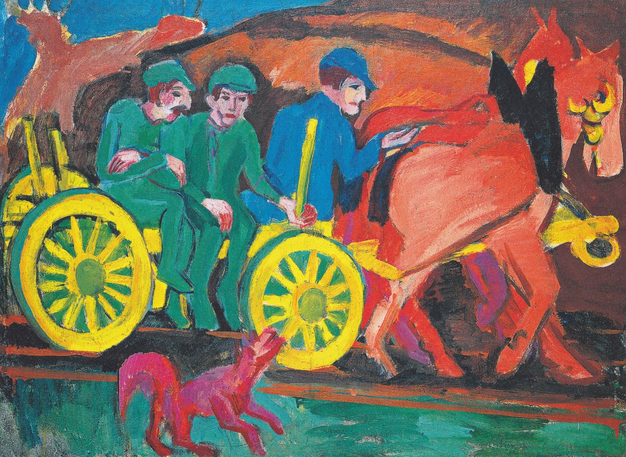 Üç çiftçi ile at takımı by Ernst Ludwig Kirchner