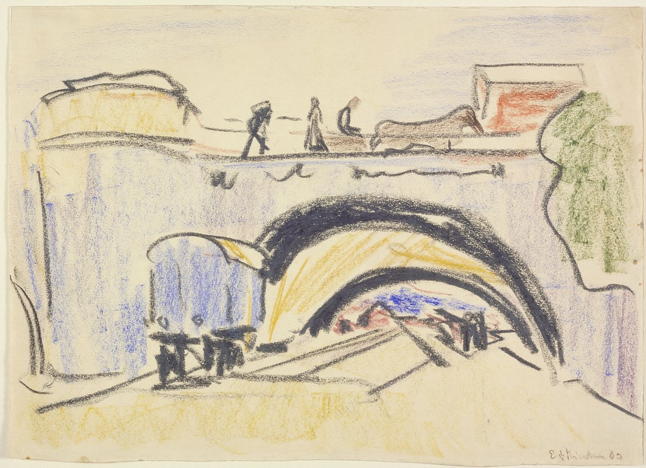 Demiryolu ve Köprü, 1903 (ağır dokuma kağıt üzerine mum boya ve kömür) by Ernst Ludwig Kirchner
