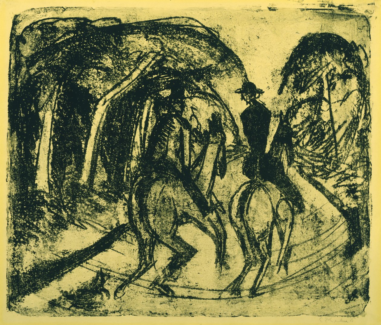 Reiter im Grunewald, 1914 (sarı kağıt üzerine taş) by Ernst Ludwig Kirchner