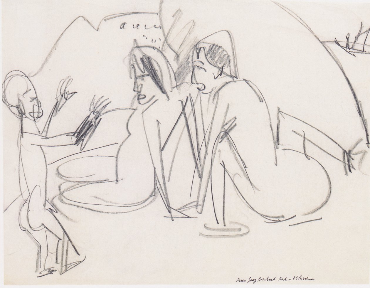 Sahilde iki kadın ve heykel by Ernst Ludwig Kirchner