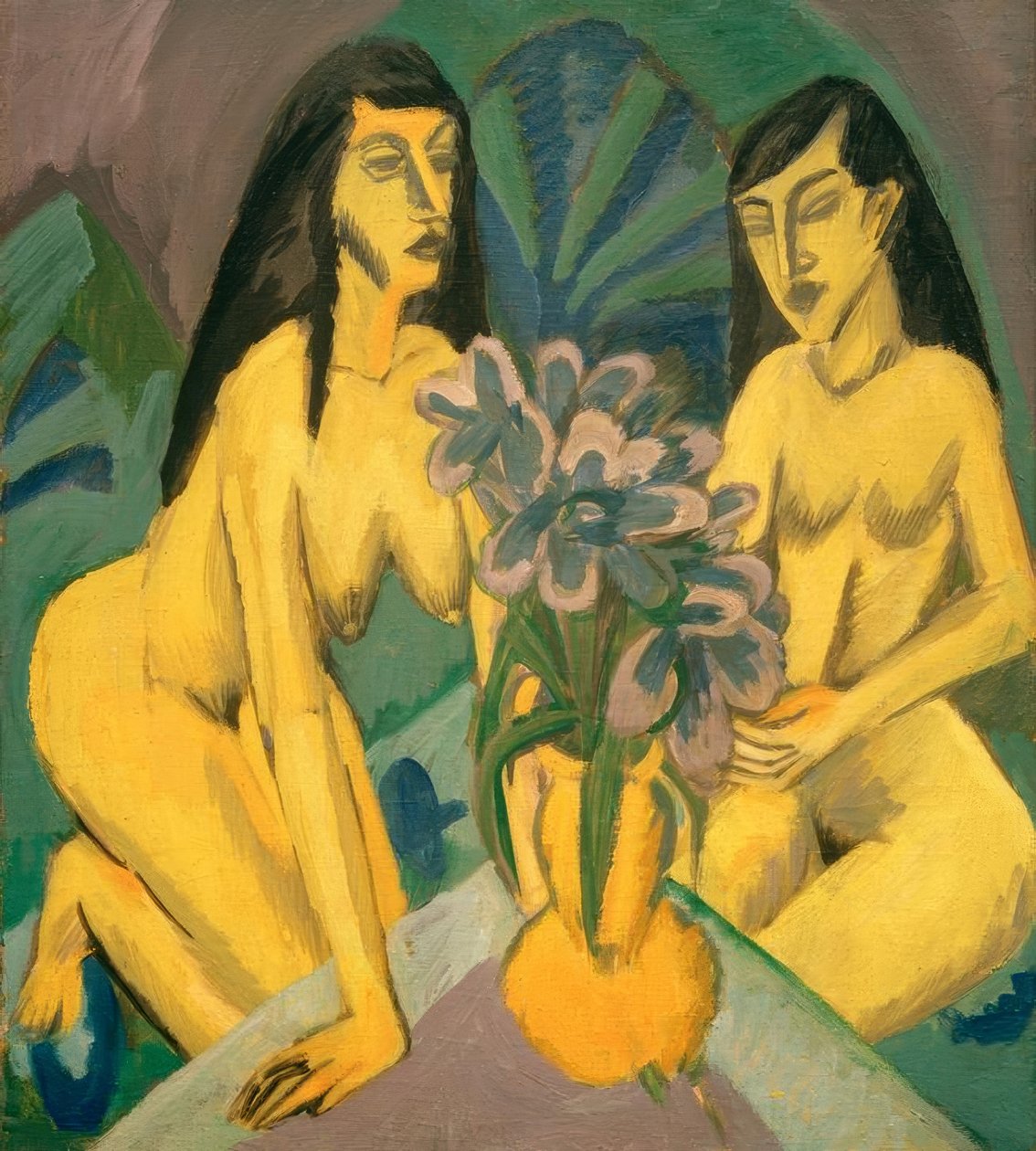 Bir buket çiçek ile iki sarı nü by Ernst Ludwig Kirchner