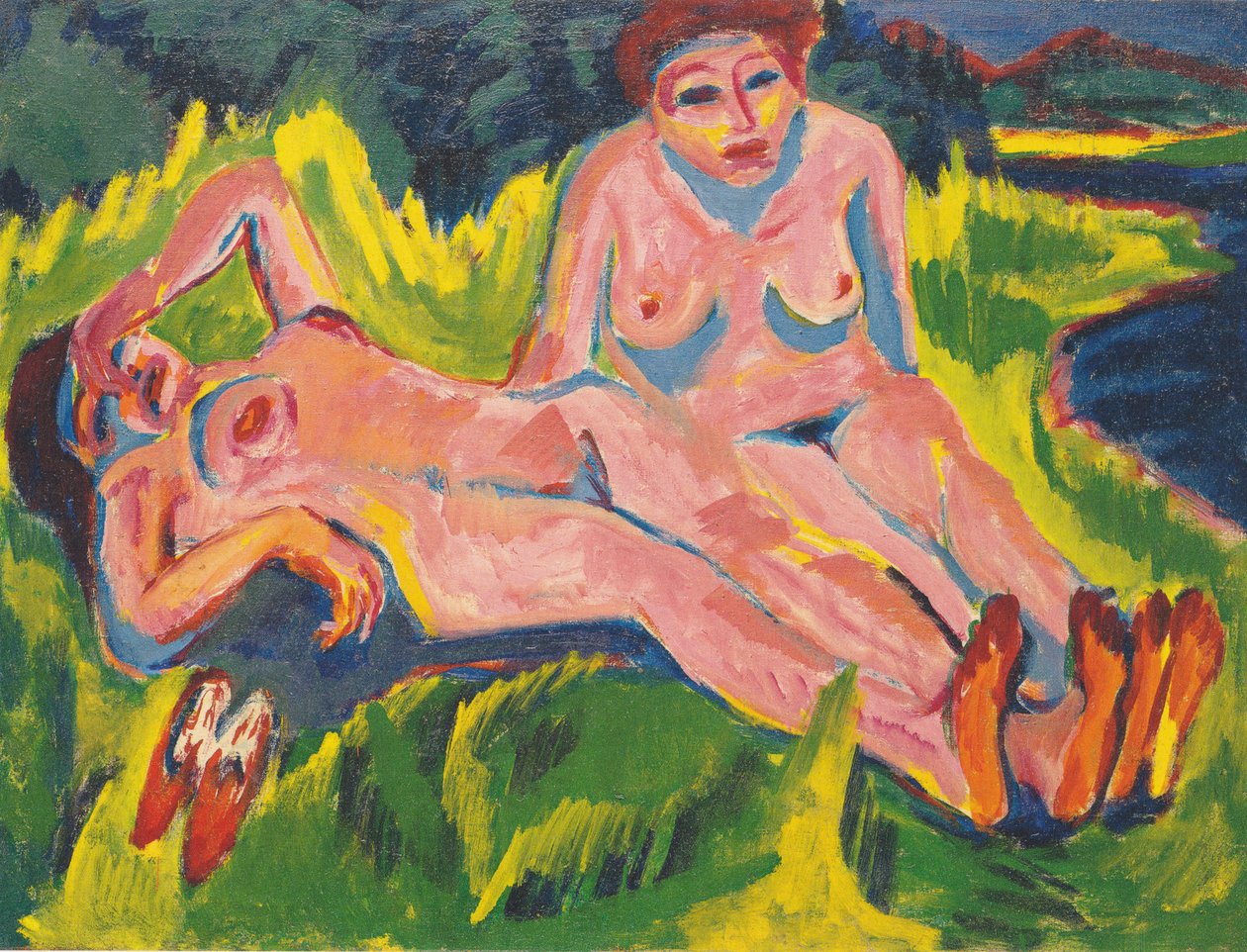 Göl kenarında iki pembe nü by Ernst Ludwig Kirchner