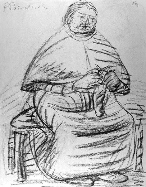 Yaşlı kadın örgüsü (kağıt üzerine kömür) (s/b fotoğraf) by Ernst Barlach