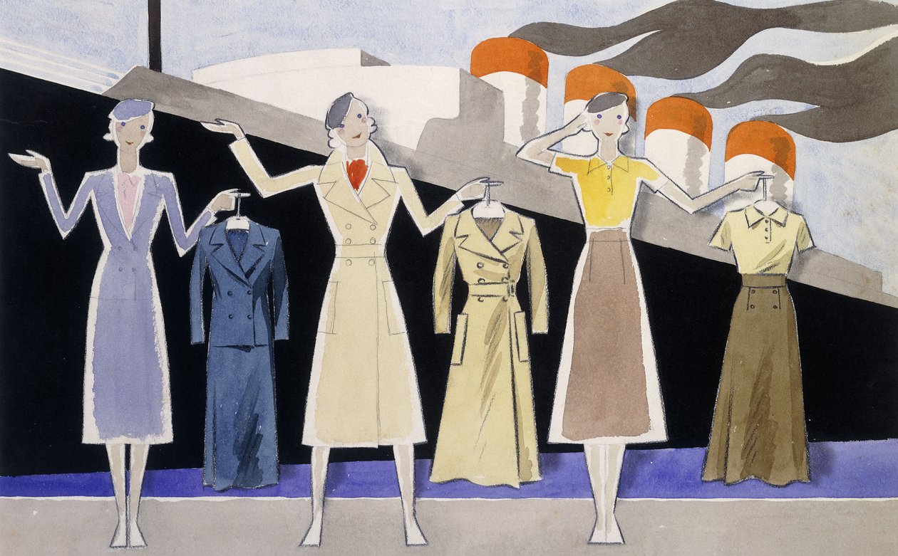Arka planda bir vapur ile giysileri askılarda tutan üç kadın modeli gösteren moda tasarımı by Ernst Deutsch Dryden