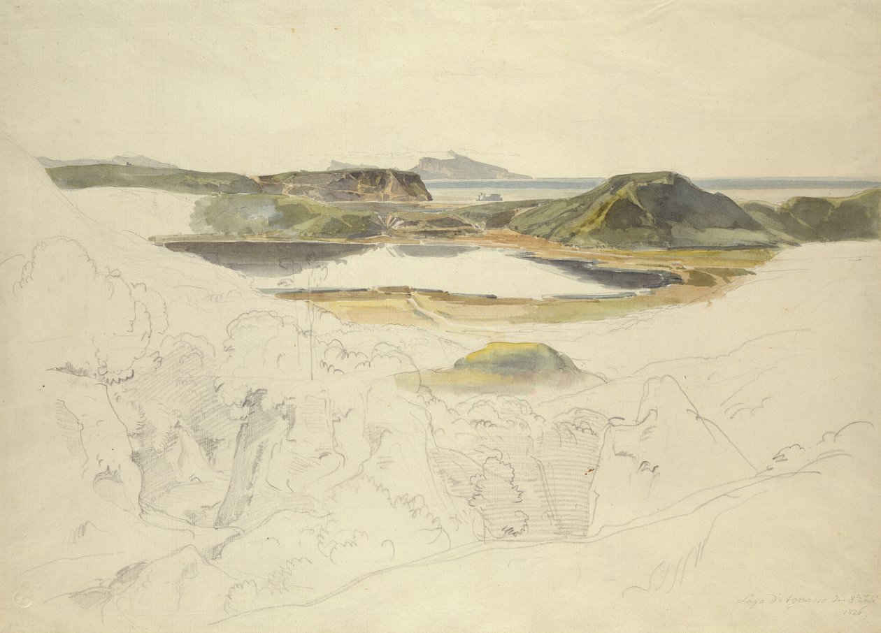Agnano Gölü (kağıt üzerine kurşun kalem ve sulu boya) by Ernst Fries