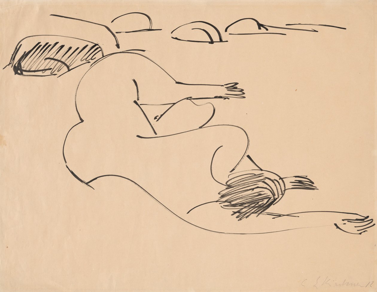 Erna Kayaların Arasında Sahilde Yatarken, 1912. by Ernst Ludwig Kirchner