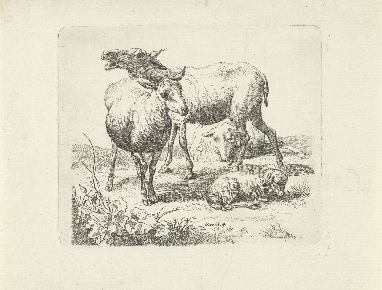 Çayırda üç koyun ve bir kuzu by Ernst Ludwig Creite