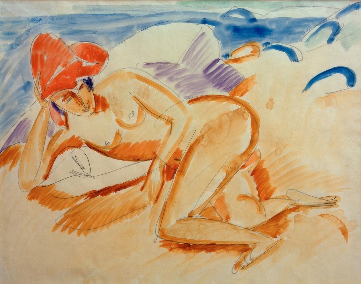 kırmızı bir şapka ile çıplak by Ernst Ludwig Kirchner