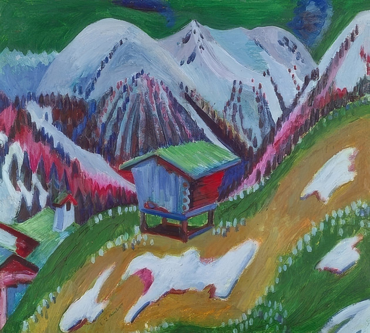 Bir dağ kulübesi olan dağ manzarası. 1922 civarında by Ernst Ludwig Kirchner