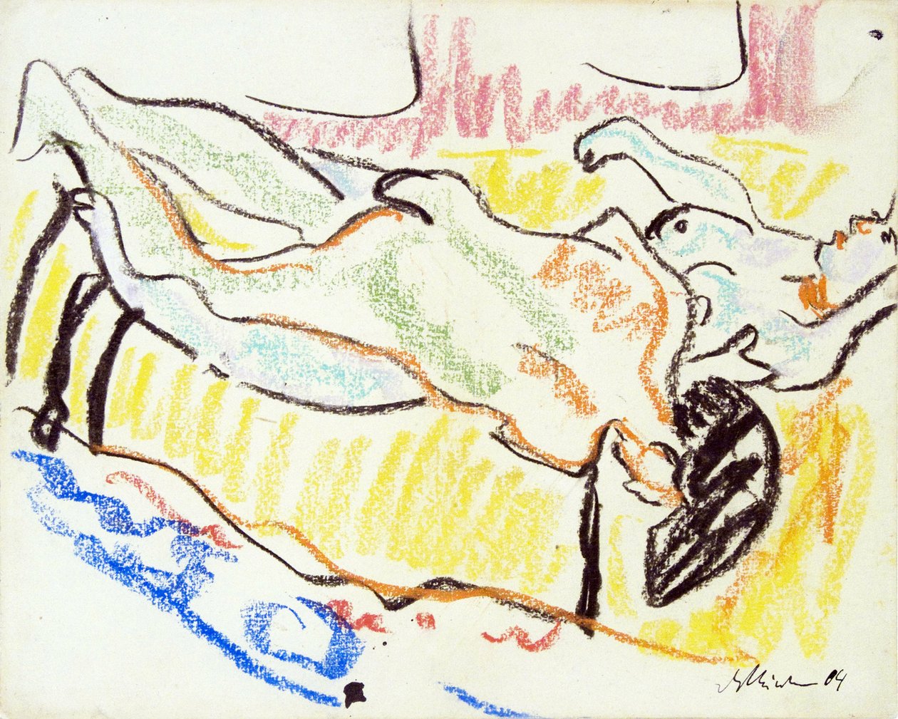 Atölyede aşık bir çift. İki çıplak. (Stüdyodaki Aşk Çifti. İki Çıplak). Ernst Ludwig Kirchner (1880-1938), kağıt üzerine pastel çalışması by Ernst Ludwig Kirchner