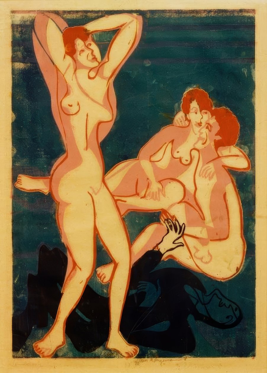 Üç çıplak ve yatan bir adam by Ernst Ludwig Kirchner