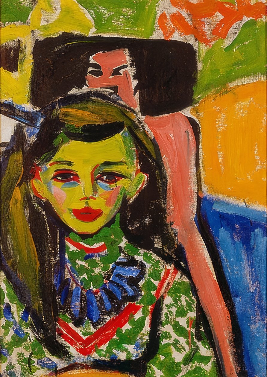 Franzi oymalı bir sandalyenin önünde. 1910 by Ernst Ludwig Kirchner