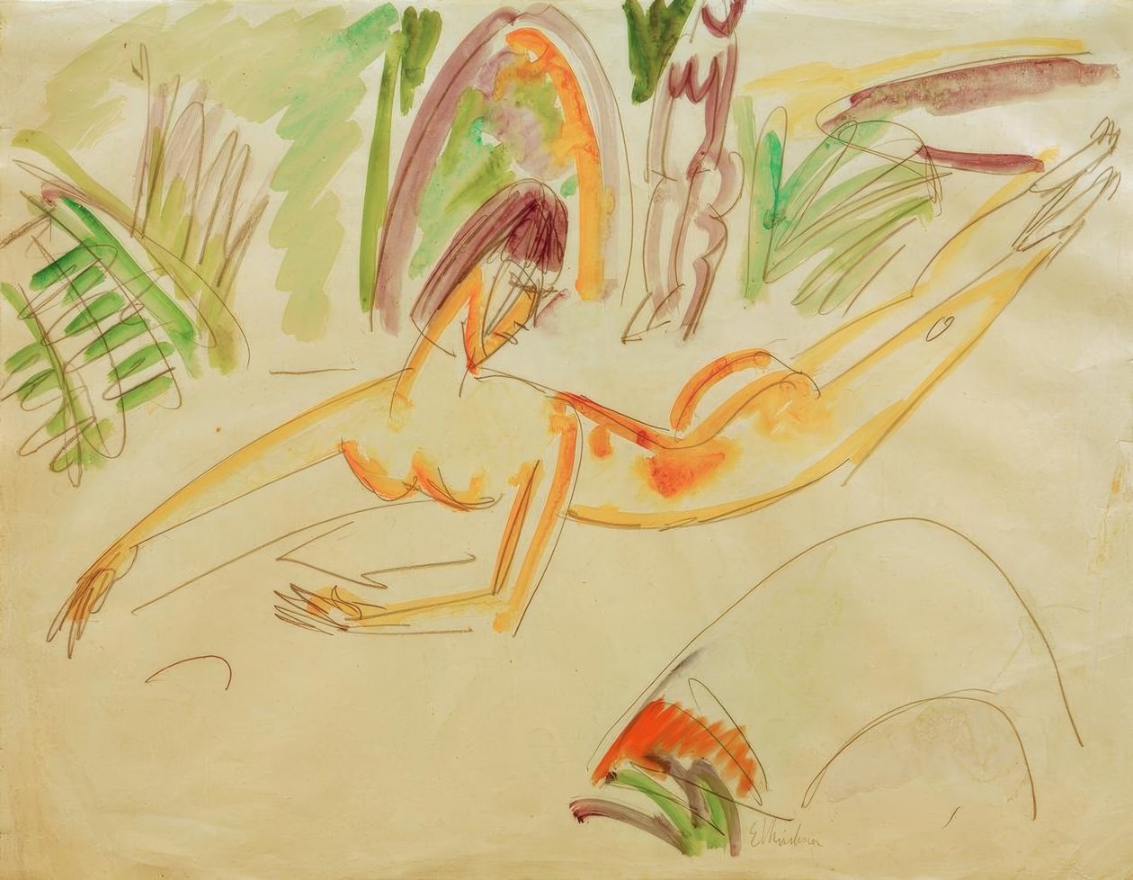 Fehmarn sahilinde uzanmış kadın çıplak by Ernst Ludwig Kirchner