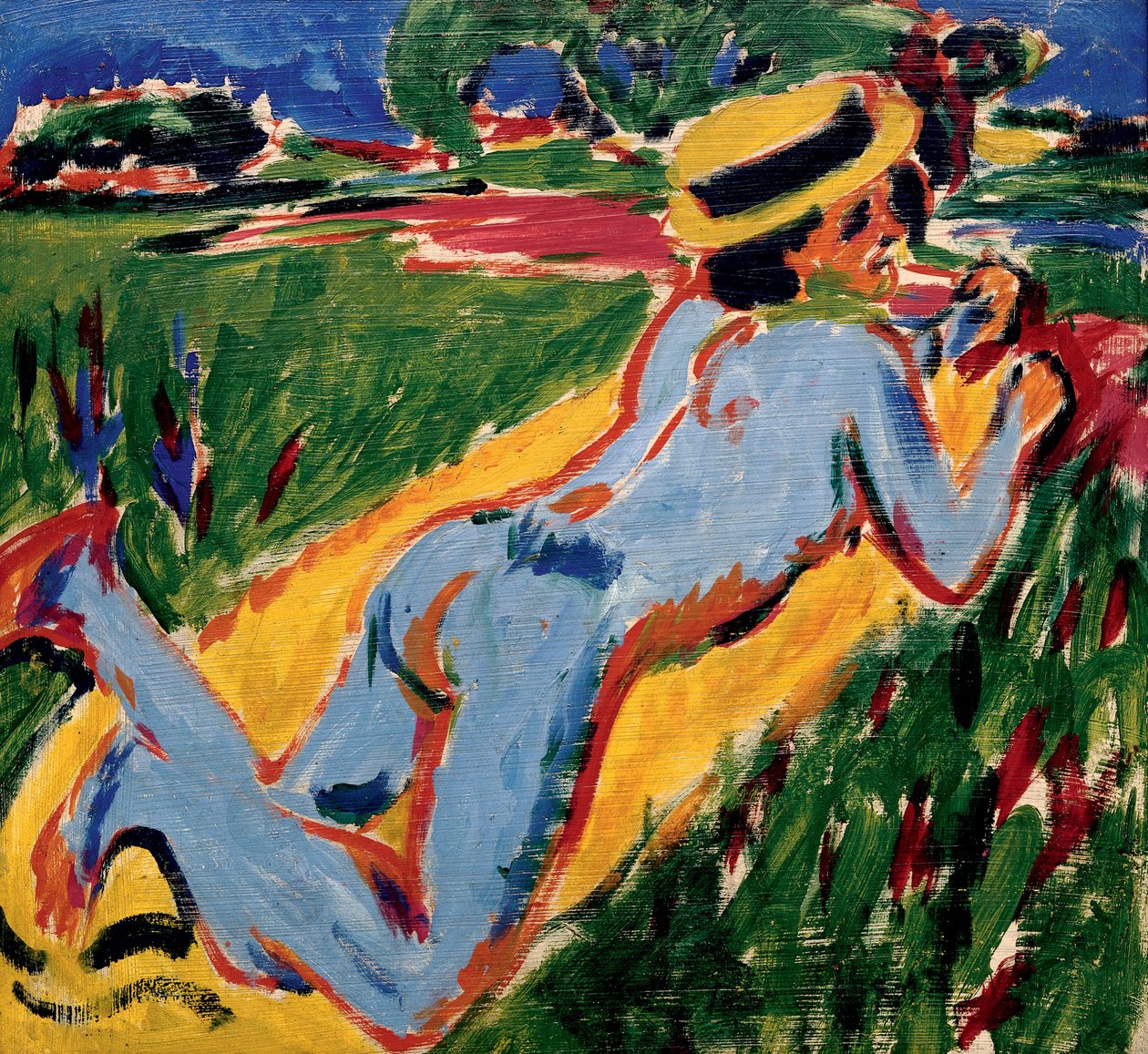 Nu bleu hasır şapkayla uyuyor. Ernst Ludwig Kirchner (1880-1938), karton üzerine yağlı boya çalışması by Ernst Ludwig Kirchner