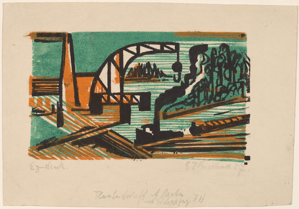 Vinç ve mavnalarla nehir manzarası by Ernst Ludwig Kirchner