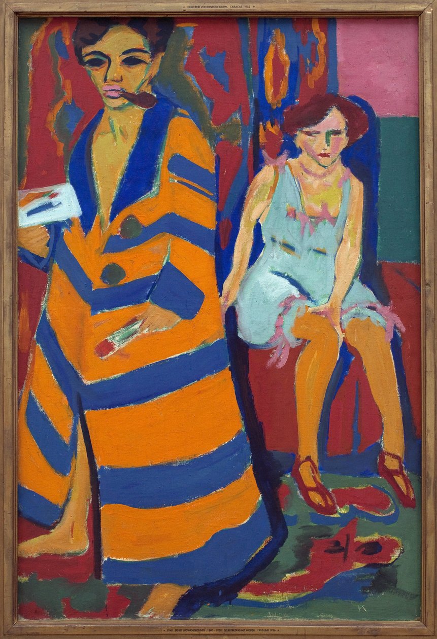 Bir modelle kendi kendine portre. Ernst Ludwig Kirchner (1880-1938), Tuval Üzeri Yağlıboya Tablo by Ernst Ludwig Kirchner