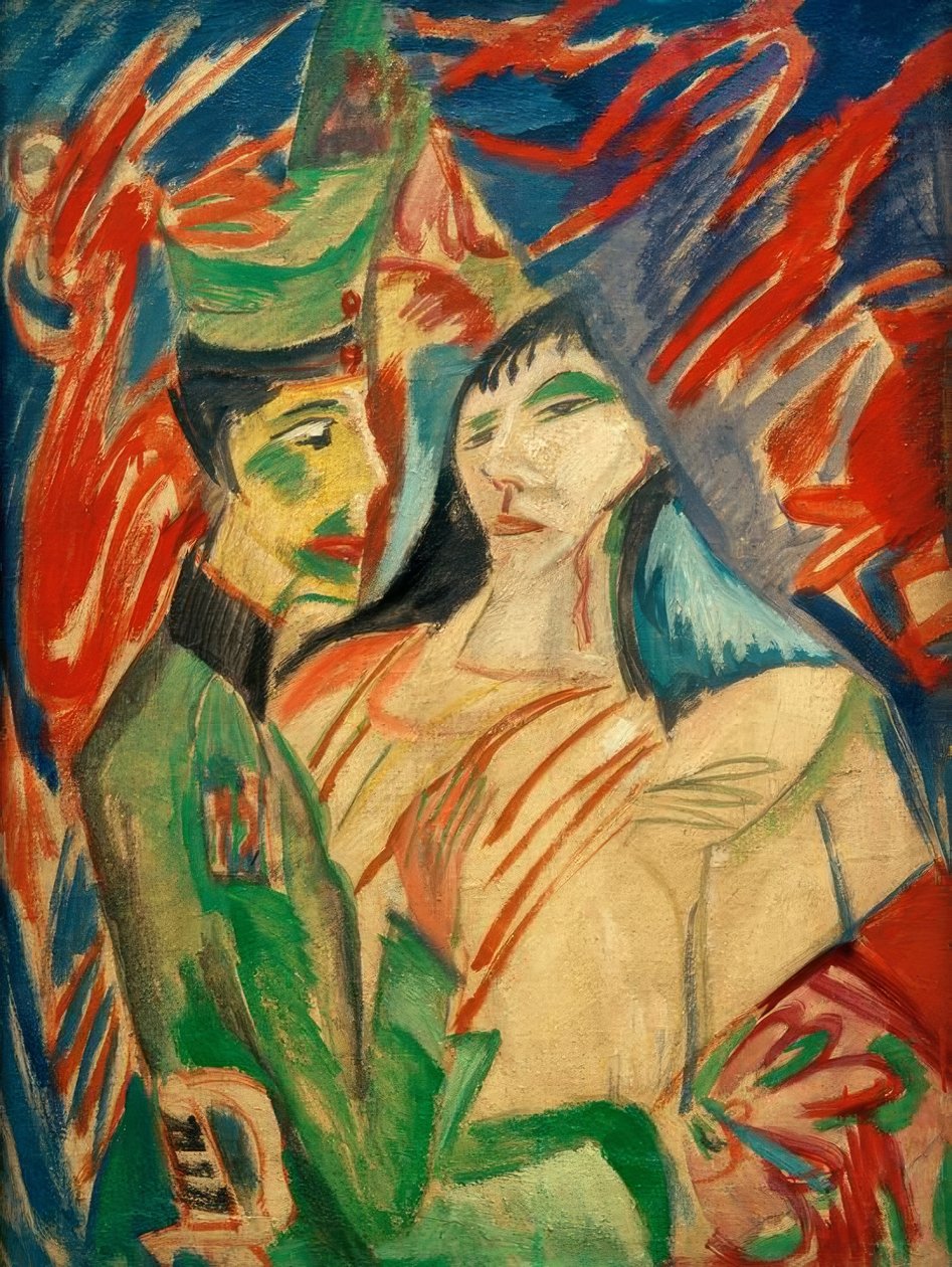 Asker ve kız renkli perdeler arasında by Ernst Ludwig Kirchner
