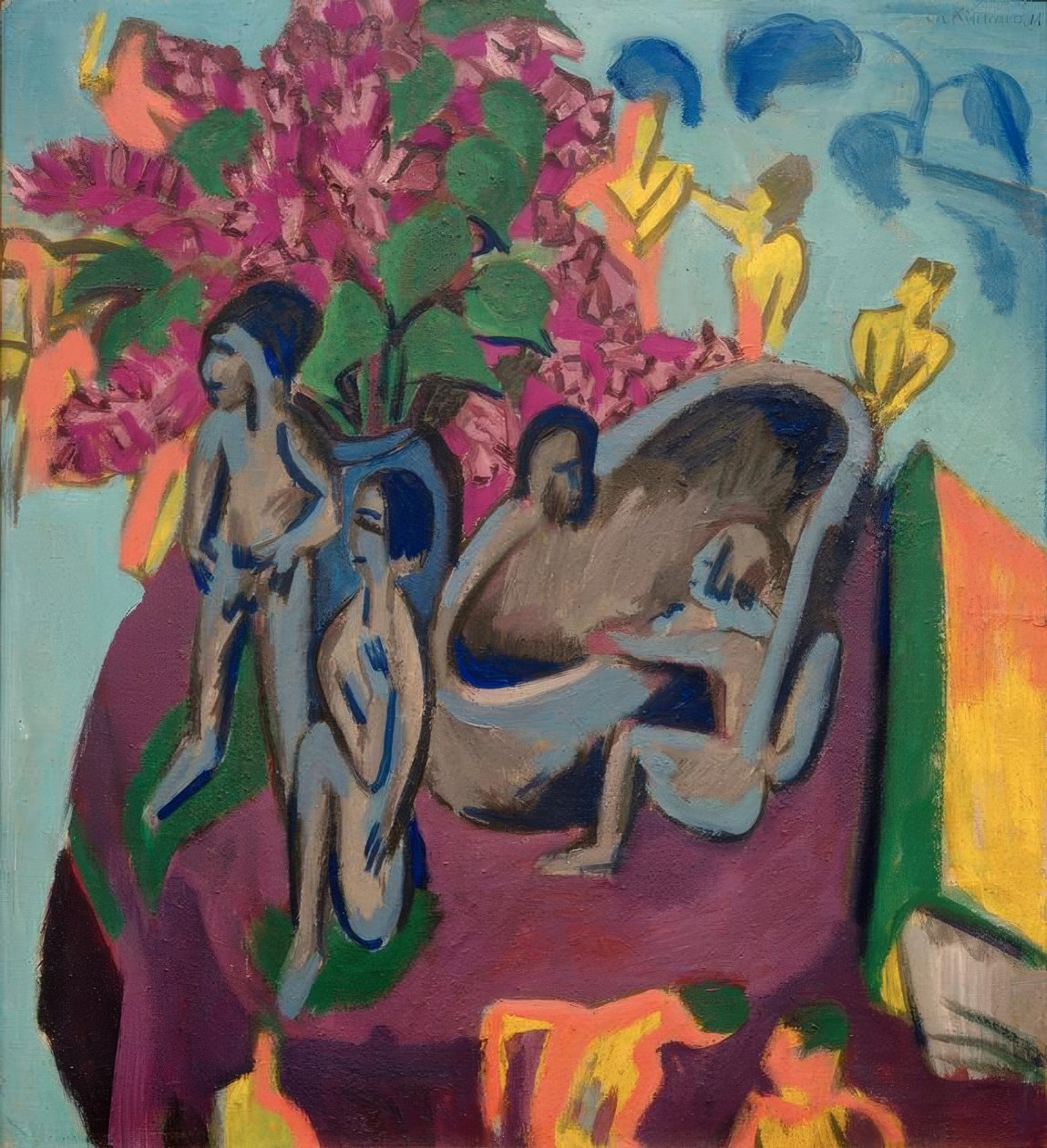 Heykeller ve çiçeklerle natürmort by Ernst Ludwig Kirchner