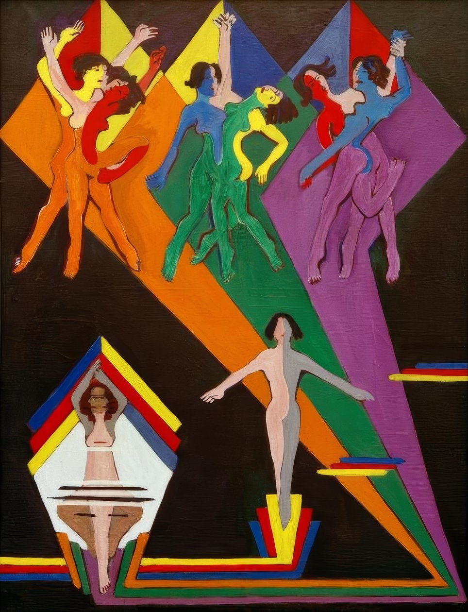 Renkli ışınlarda dans eden kızlar by Ernst Ludwig Kirchner