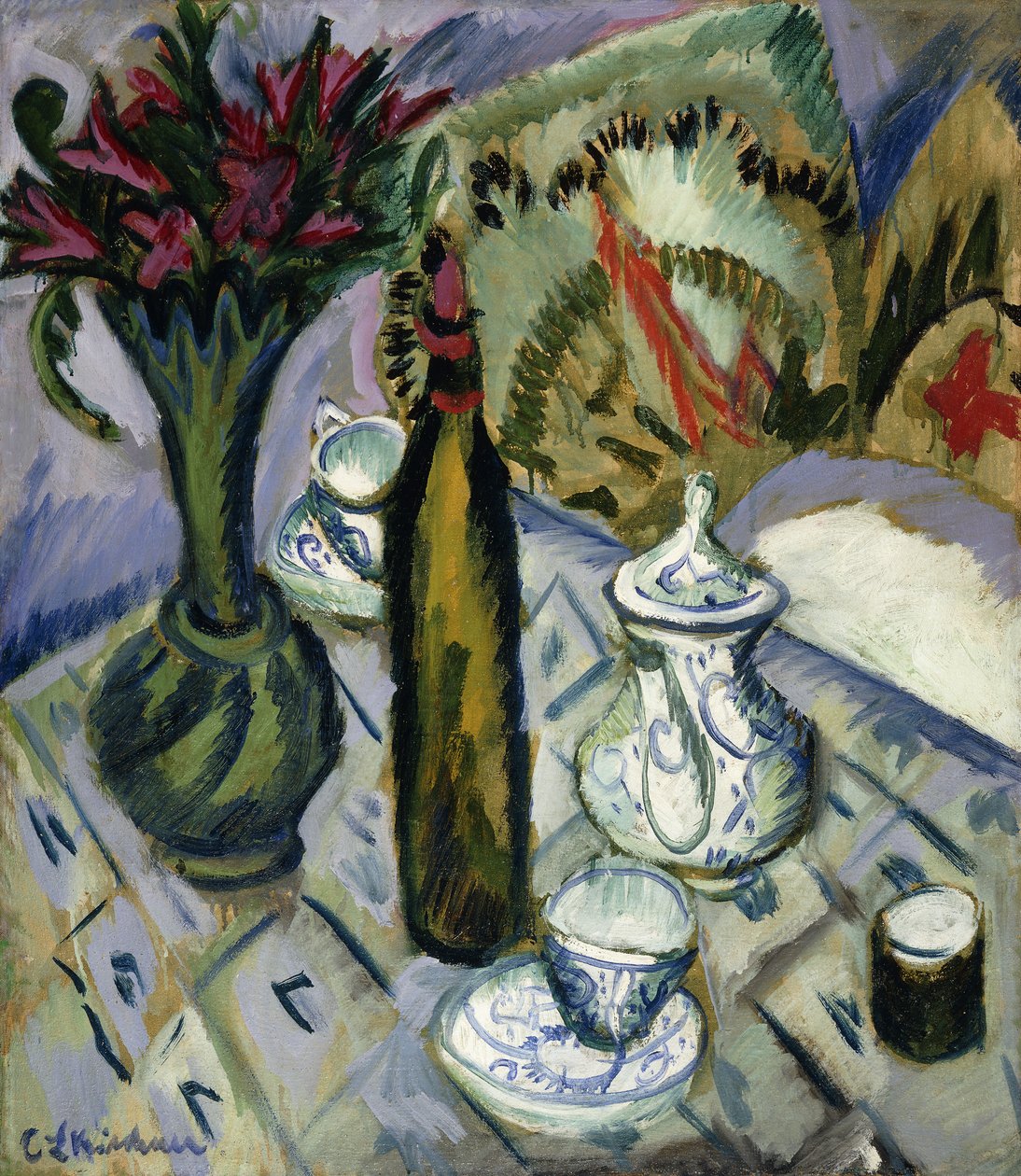 Çaydanlık, Şişe ve Kırmızı Çiçekler; Çaydanlık, şişe ve kırmızı çiçekler, 1912 by Ernst Ludwig Kirchner
