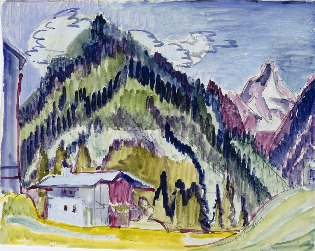 Wilderness Home, 1924-25 (kağıt üzerinde tuvalet ve grafit) by Ernst Ludwig Kirchner