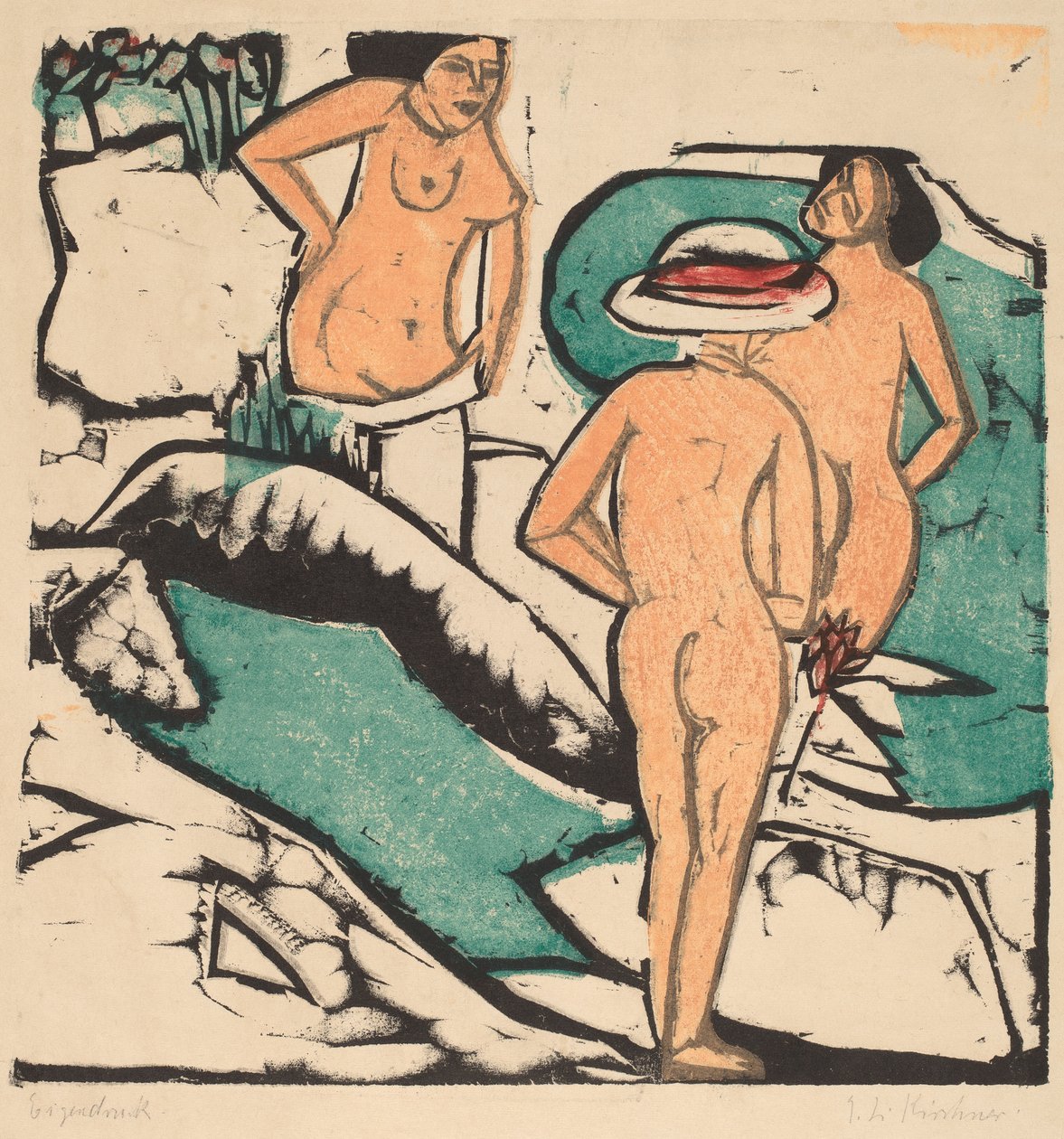 Beyaz Taşlar Arasında Yıkanan Kadınlar, 1912 (siyah, yeşil, turuncu ve kırmızı olarak basılmış renkli gravür) by Ernst Ludwig Kirchner