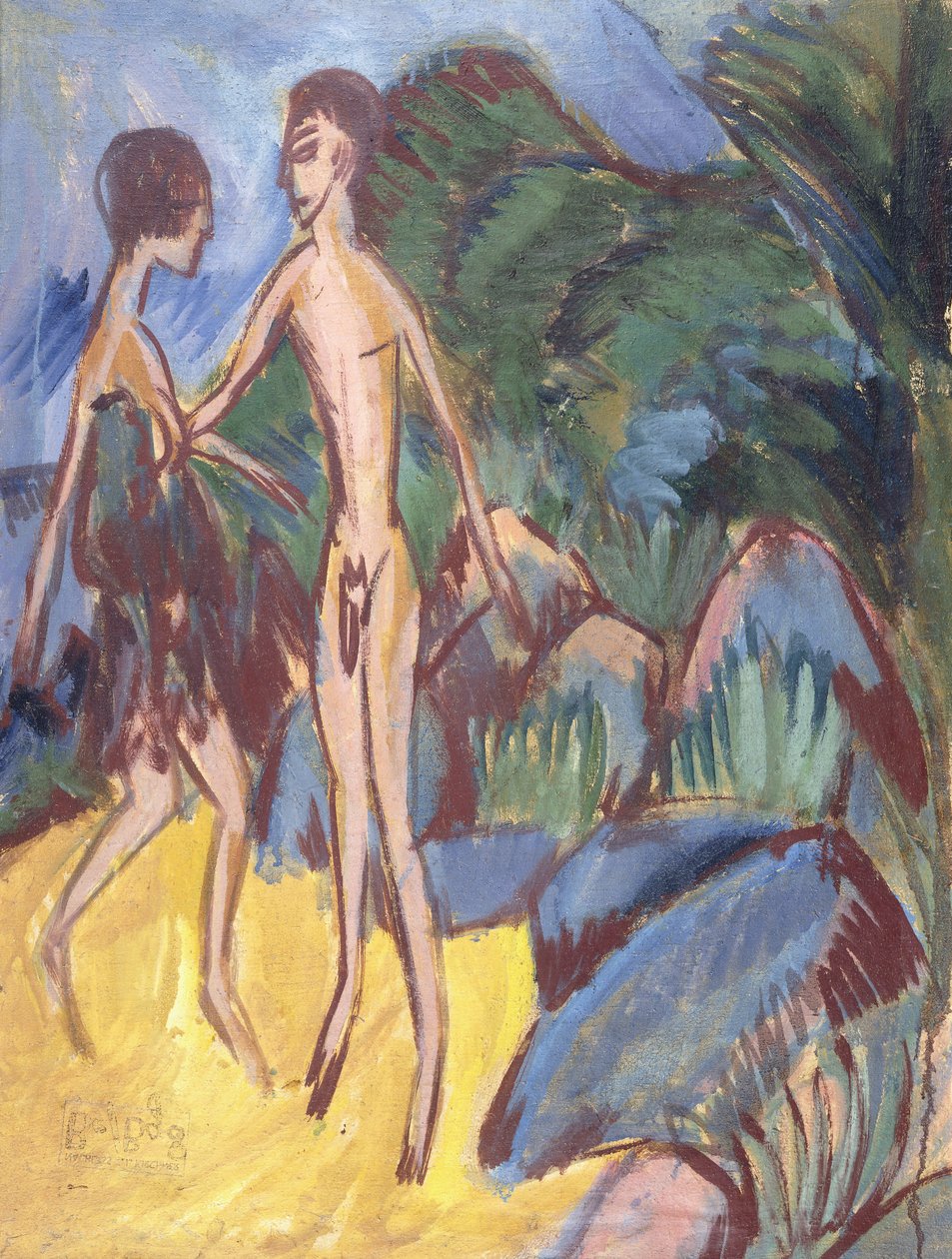 Sahilde Gençlik ve Çıplak Kız; Sahilde çıplak erkek ve kız, 1913 by Ernst Ludwig Kirchner