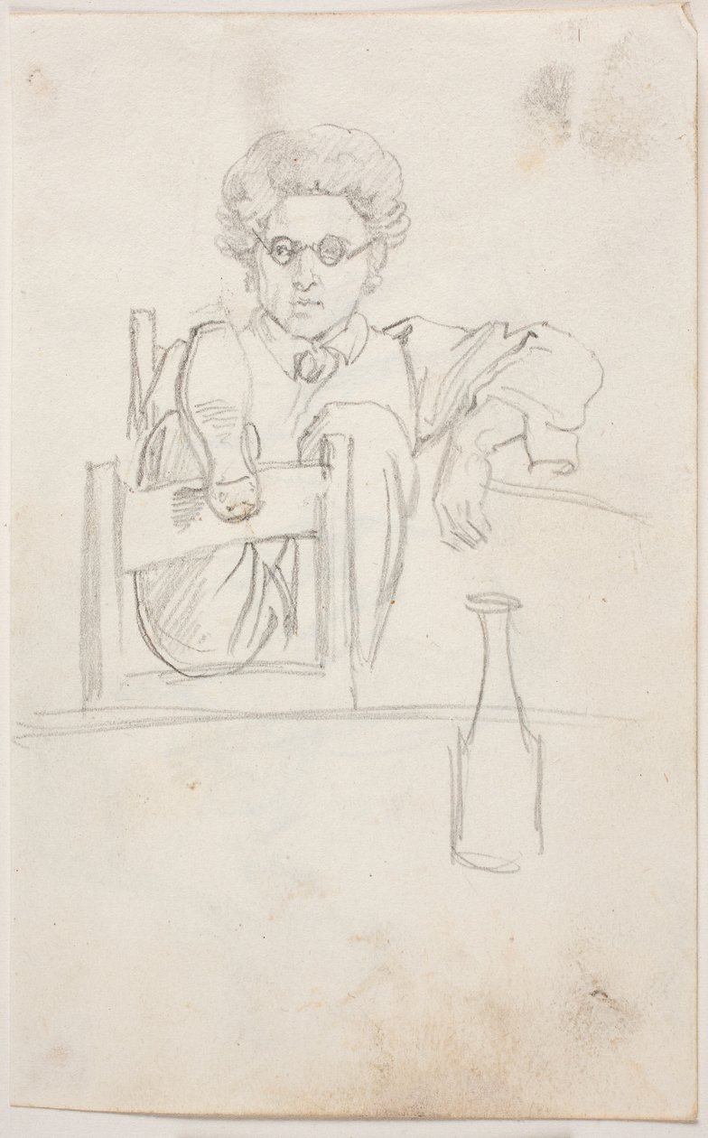 Ernst Meyer, bacakları bir sandalyenin arkasına atılmış halde by Ernst Meyer