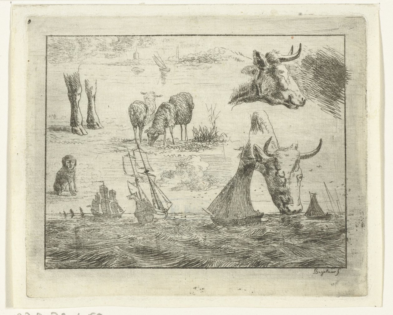 Deniz manzarası, iki inek başı, koyun, köpek ve iki bacaklı çalışma sayfası by Ernst Willem Jan Bagelaar