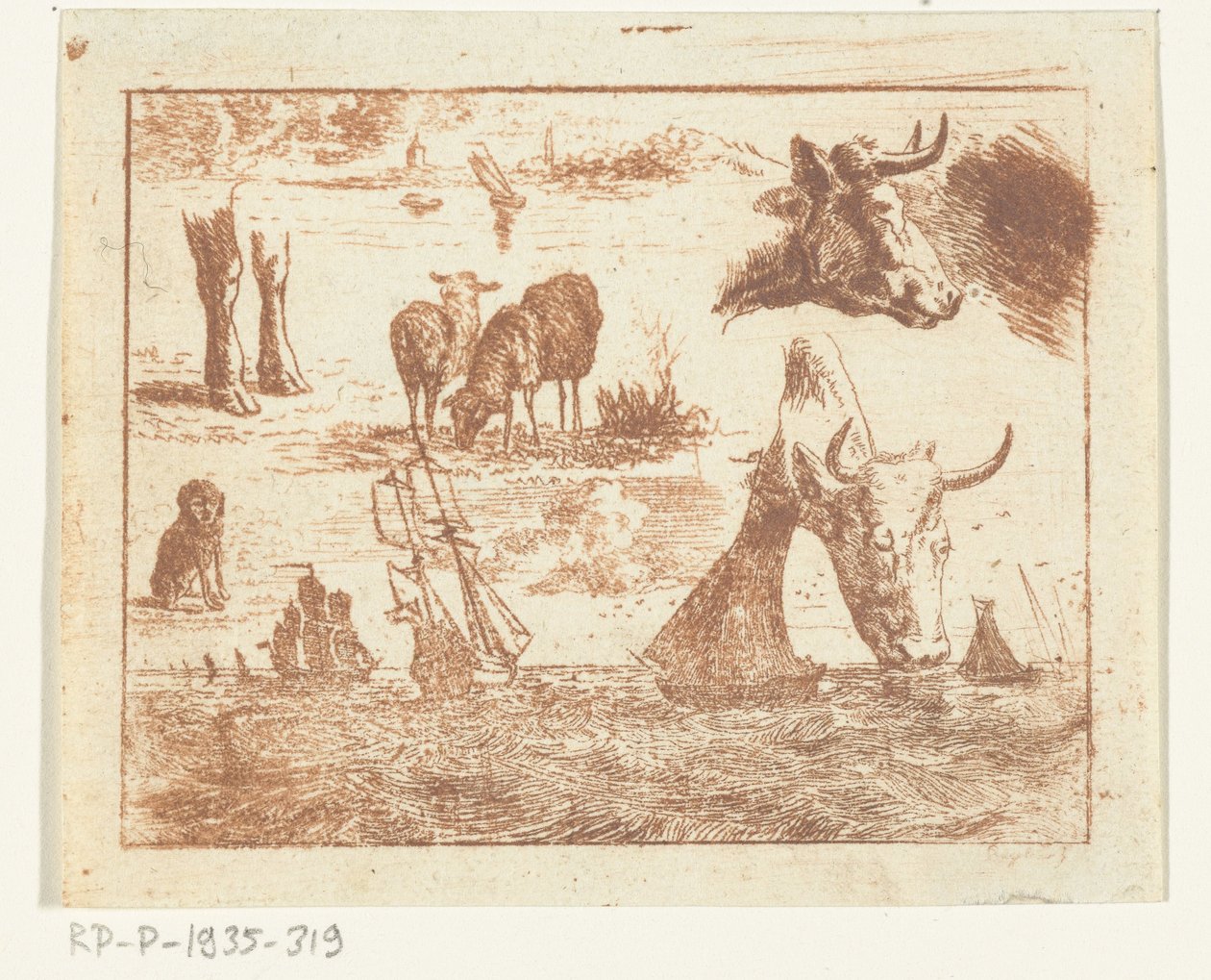 Deniz manzarası, iki inek başı, koyun, köpek ve iki bacaklı çalışma sayfası by Ernst Willem Jan Bagelaar