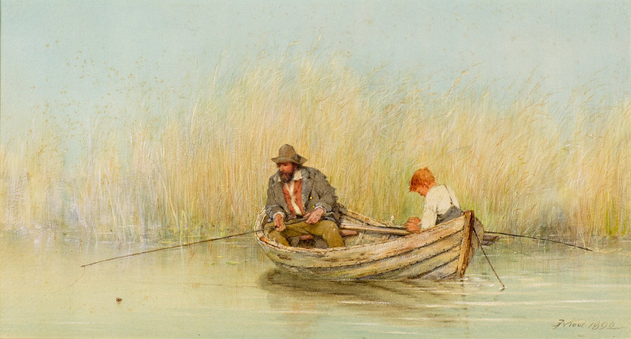 Tekneden Balık Tutan Bir Adam ve Bir Çocuğun Çalışması by Erskine Nicol