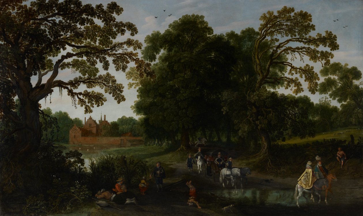Abtspoel Kalesi önünde bir saray alayı ile manzara, 1619 by Esaias van de Velde