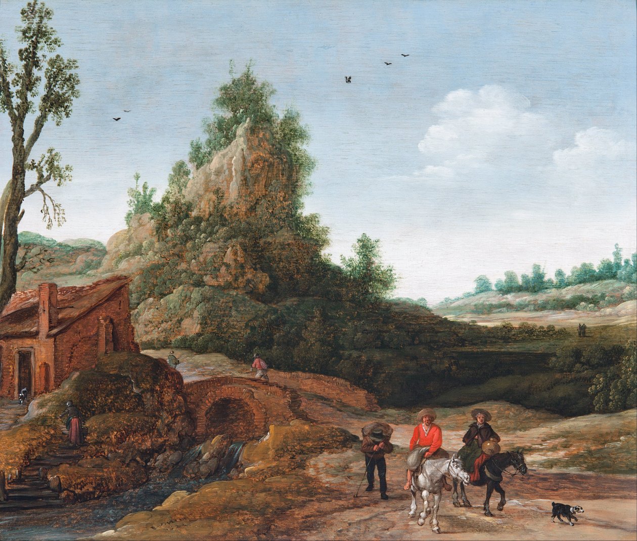 A landscape with travellers crossing a bridge before a small dwelling, horsemen in the foreground  by Esaias van de Velde