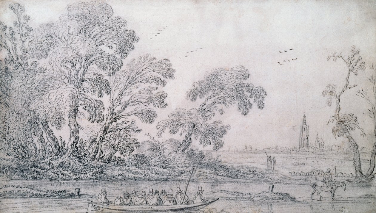 Kanalda Atlı Bir Feribot, Ötesinde Lahey (siyah tebeşir) by Esaias I van de Velde