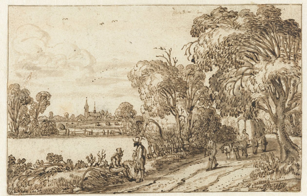 Tarlalar ve orman arasındaki yol ile manzara by Esaias van de Velde (possibly)