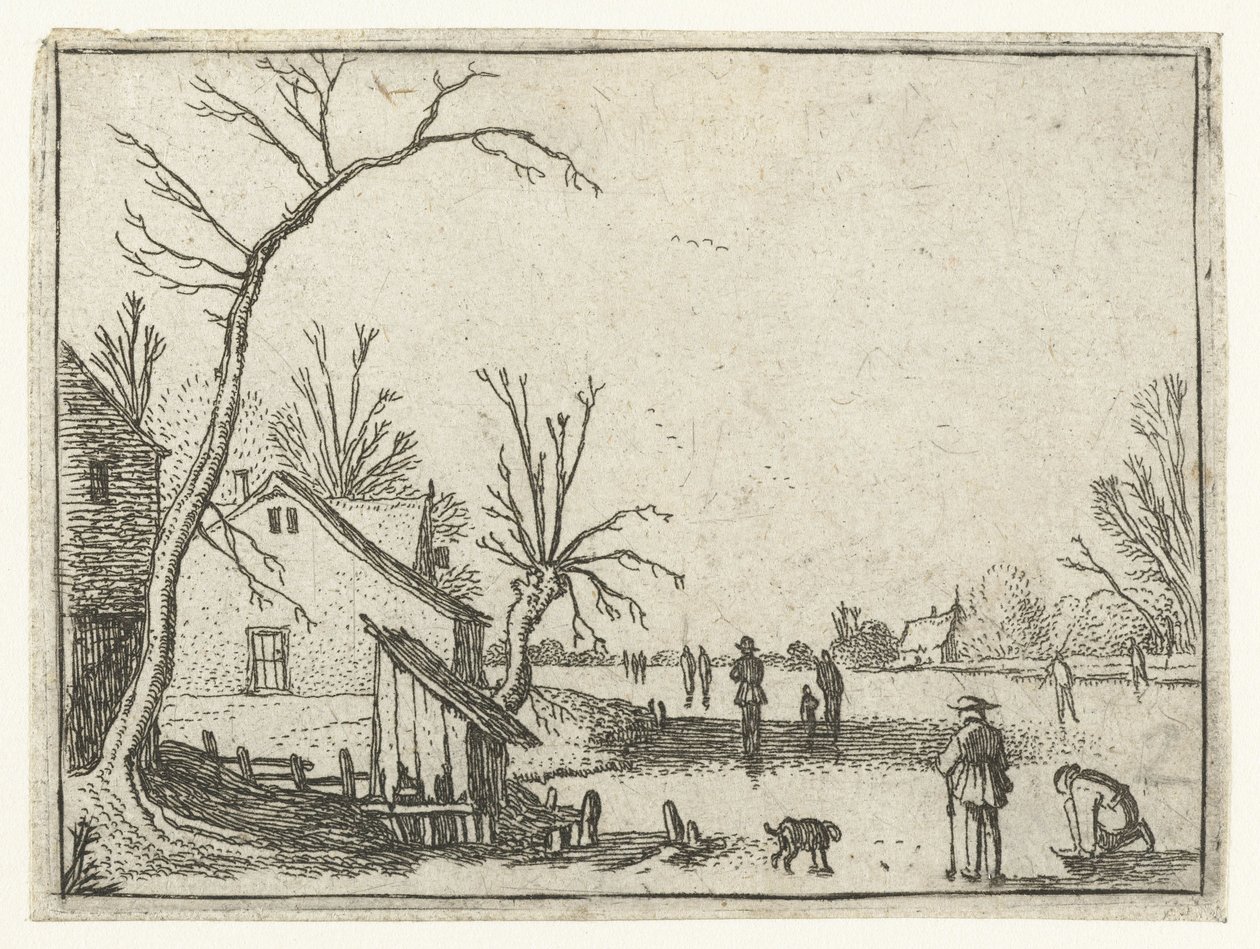 Donmuş nehir kenarında çiftlik ve buzda patenciler Küçük manzaralar (dizi başlığı) by Esaias van de Velde