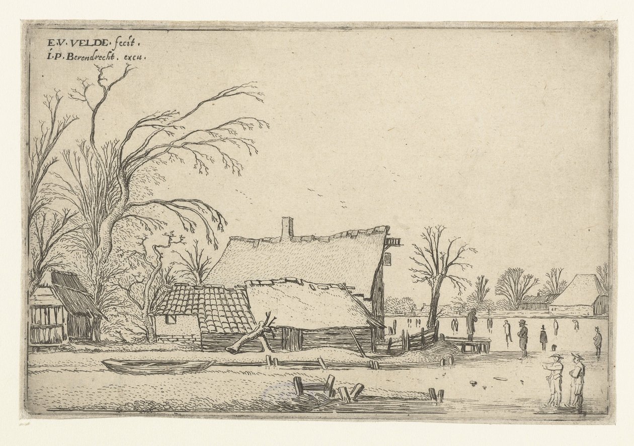 Patencilerle donmuş nehir kenarında çiftlik Peyzaj manzaraları (dizi başlığı) by Esaias van de Velde