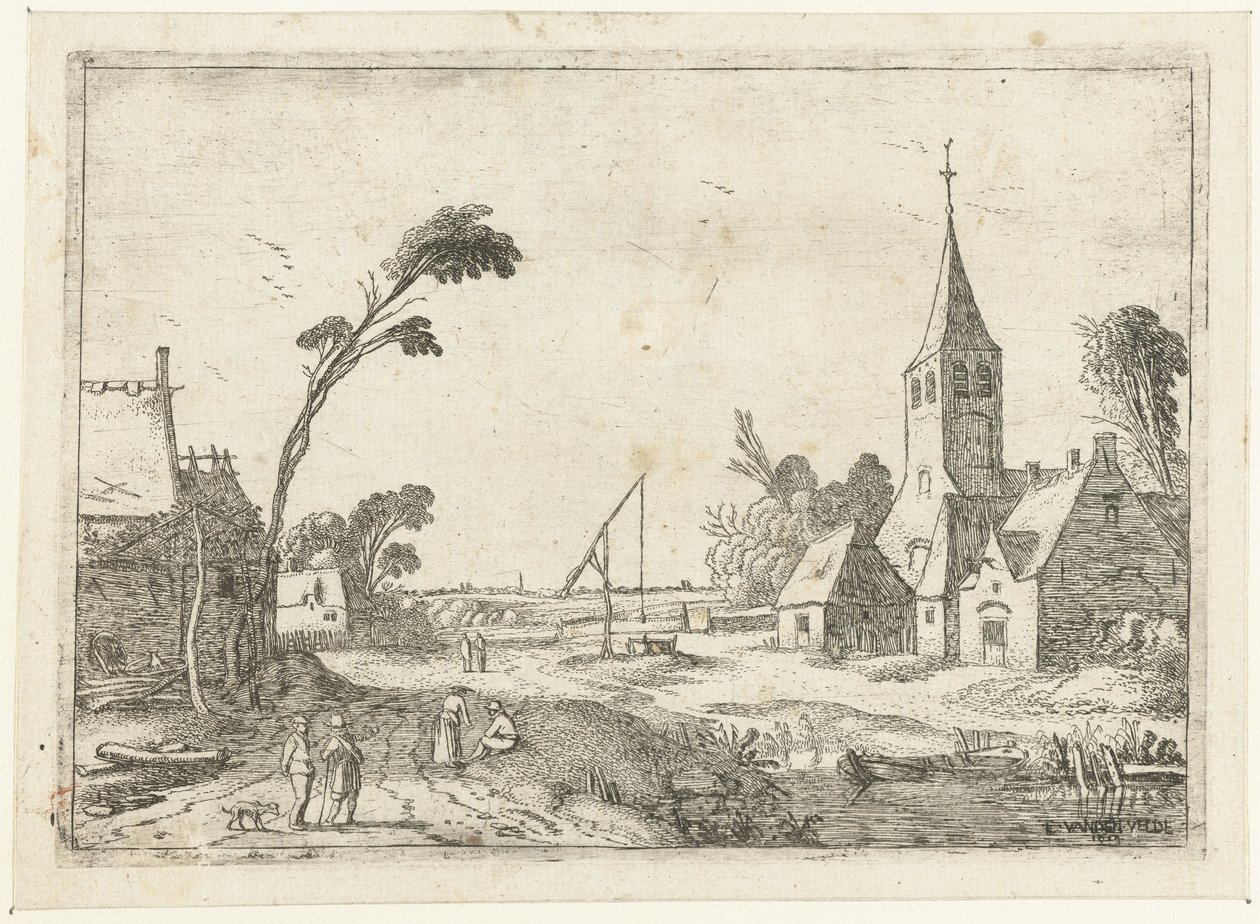 Çiftlikler, kilise ve kuyu ile köy manzarası Peyzaj manzaraları (dizi başlığı) by Esaias van de Velde