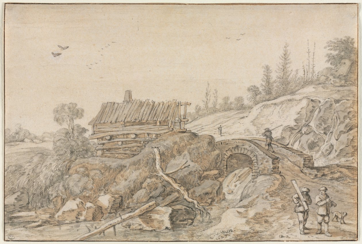 Bir dere yanında kulübe ile tepelik manzara by Esaias van de Velde