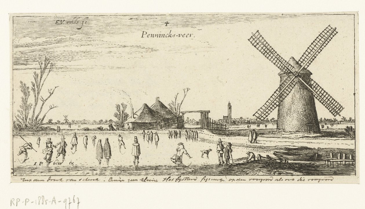 Penningsveer Manzaraları yakınlarındaki bir değirmende buz üzerinde patenciler (seri başlığı) by Esaias van de Velde