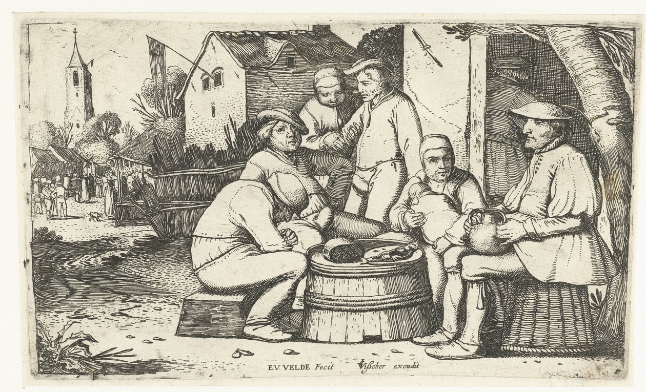 Bir handa bir varilin etrafında oturan altı köylü by Esaias van de Velde