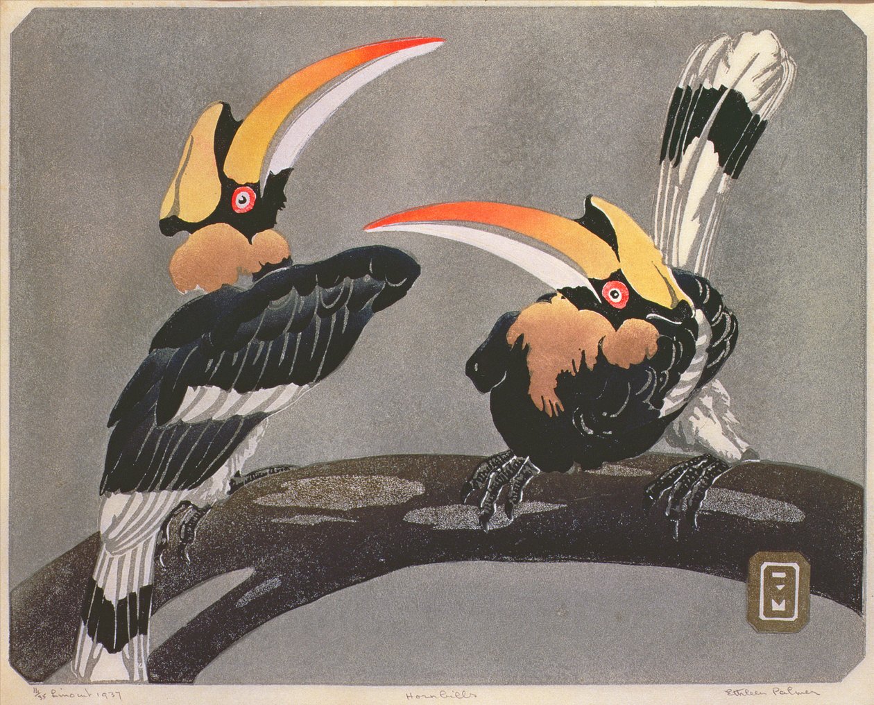 Hornbills, 1937 (linocut) by Ethleen Palmer