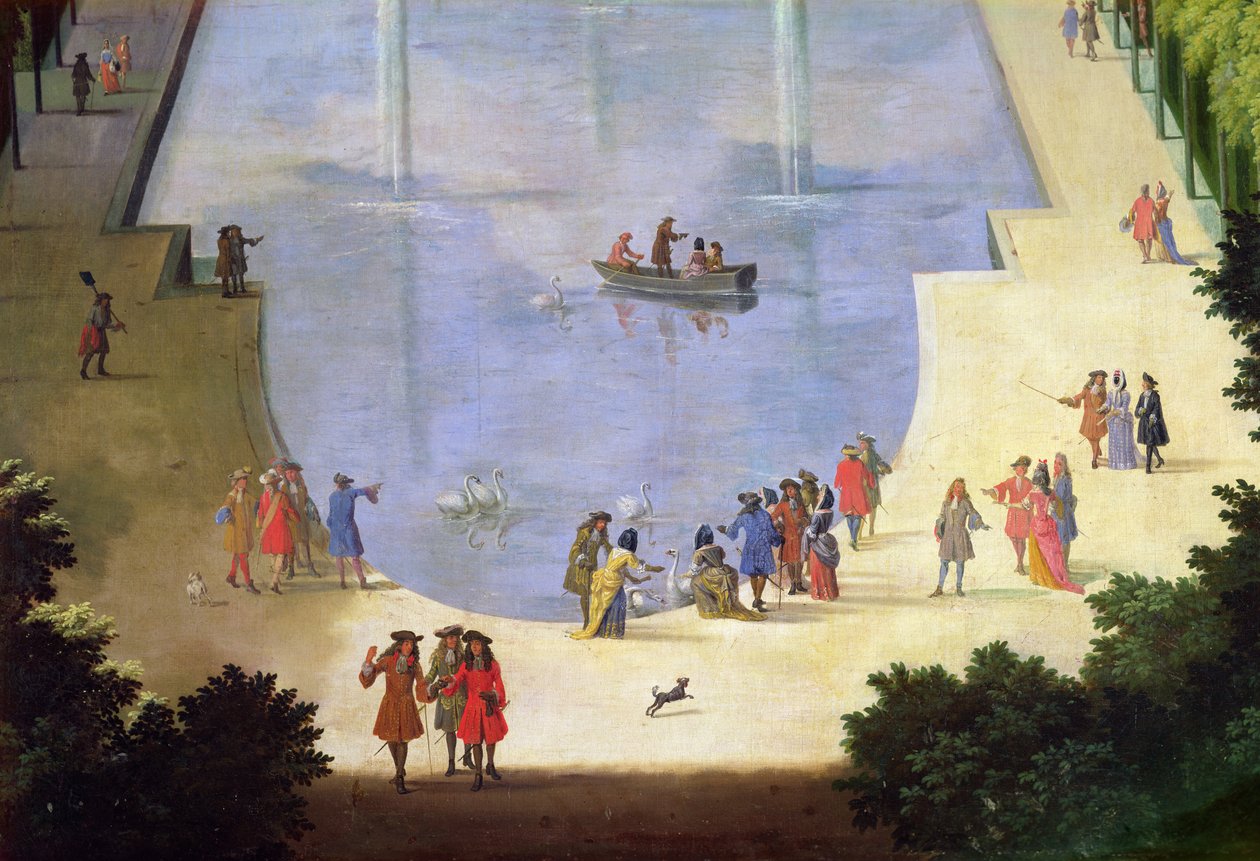 Le Bassin du Miroir deau ve Île Royale gölet yakınındaki figürlerin detayı, tuval üzerine 1688 dolayları by Etienne Allegrain