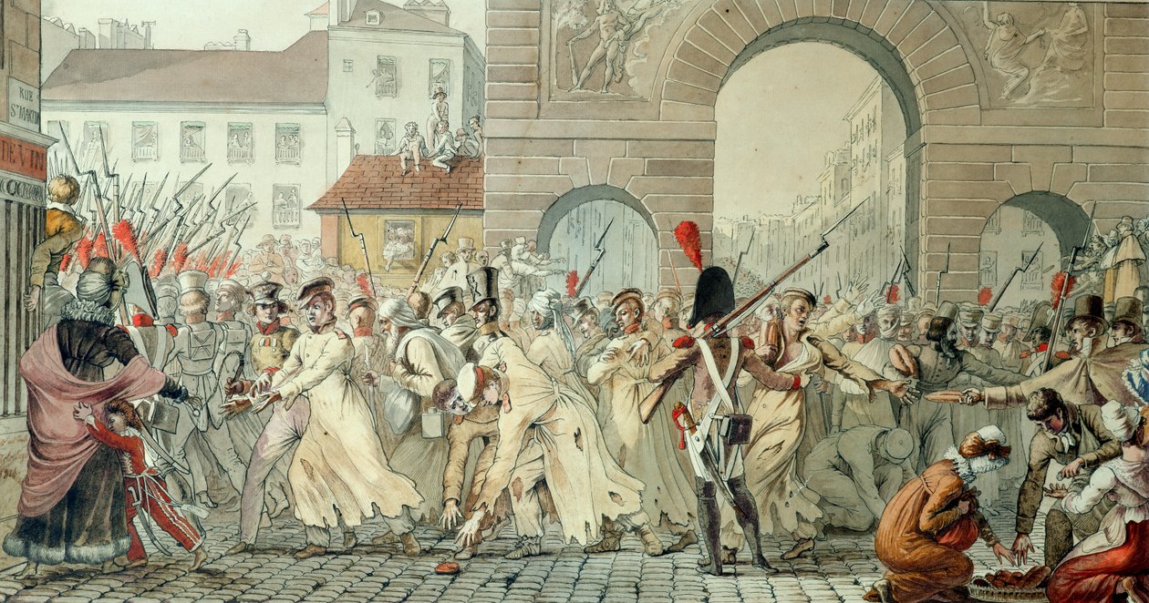 Russian Prisoners Paraded on the Boulevard Saint-Martin after the Battle of Montmirail, 17th February 1814 (pen und ink and wc on paper) by Etienne Jean Delecluze