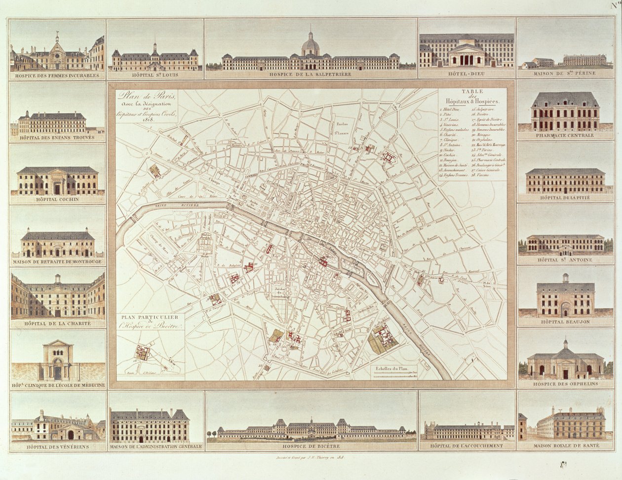 Plan of Paris indicating civil hospitals and homes, 1818, published in 1820  by Etienne Jules Thierry